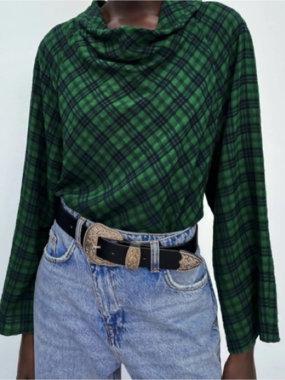 Zara Green Plaid Bell Sleeve Cowl Neck Flowy Blouse Small